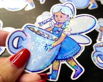 Hot Cocoa Winter Fairy - Snowflake Holo Vinyl Sticker