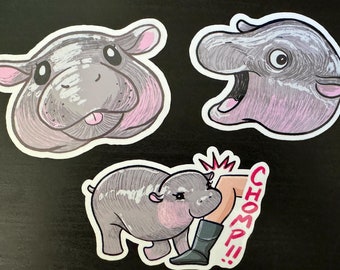 Moo Deng - Baby Pygmy Hippo - 3 Vinyl Stickers Set