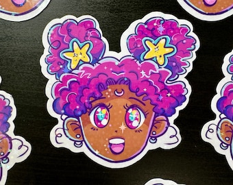 Black Girl Magic 90s Anime Style Cute Girl - Sparkle Holo Vinyl Sticker