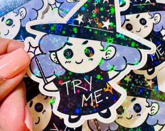 Witch Holographic Sticker - Chibi Art, Easy Peel