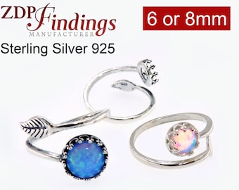 2pcs x 925 Sterling Silver,Quality Cast 6mm or 8mm bezel Settings, Adjustable Ring. Choose your Finish (10054-5SV) Silver Ring bezel
