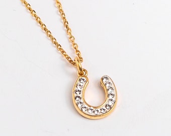 Horse Shoe Necklace with Swarovski Crystals 14k Gold Plated Sterling Silver 925 Lucky Charm Pendant, Good Luck Necklace