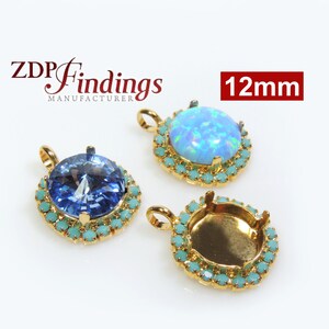 4 unidades x pingente de moldura banhada a ouro redondo de 12 mm com strass turquesa adequado para cabochão Gem / cristal Swarovski Rivoli 1122 (RD12PTRSGP)