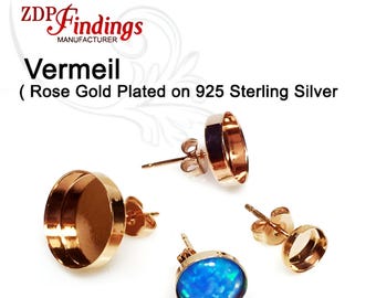 10pcs Round Vermeil Bezel Earring Cups - Shiny Rose Gold Plated 925 Sterling Silver - Ear Backs Included - 61000SHRPV