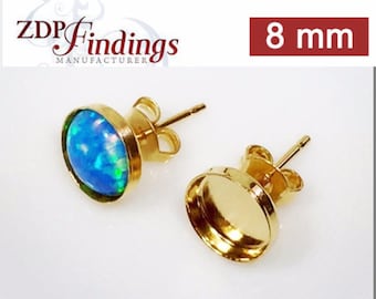 12pcs x Round 8mm Bezel Cups Gold Plated on Brass Earring Backs included (6108BGP)