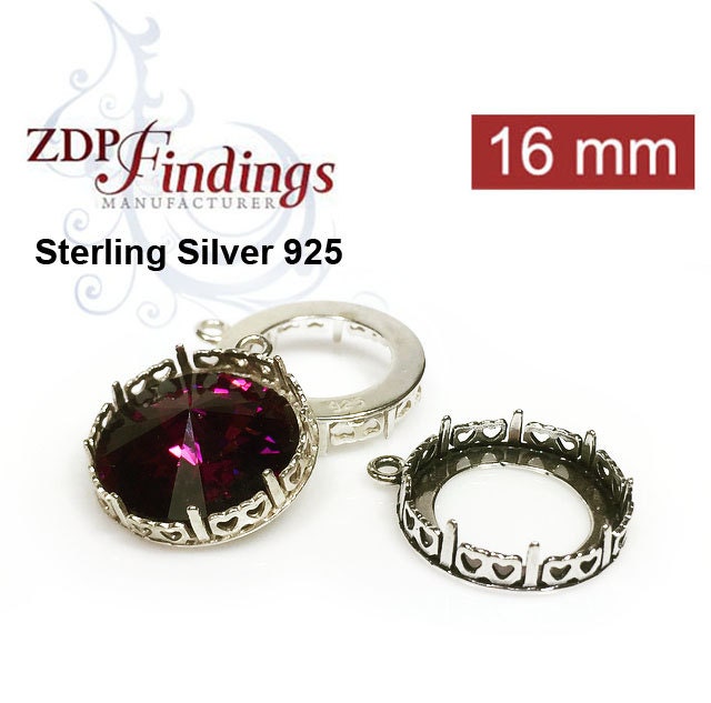 2pcs x Round 16mm Quality Cast Gallery Crown Heart Bezel Setting Sterling Silver 925 Fit Swarovski 1122 Crystal, Choose Your Finish (9235SV)