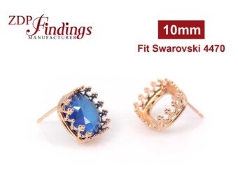 6pcs x Square 10mm Crown Bezel Earring Stud Setting Rose gold Plated With Post Fit European 4470 (PO9481RP) by ZDP Findings MANUFACTURER