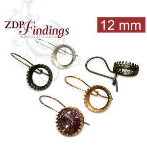 4pcs x Quality Round 12mm Crown Bezel Kidney Wire Earrings Fit Swarovski Rivoli 1122, Choose your Finish (956312V)