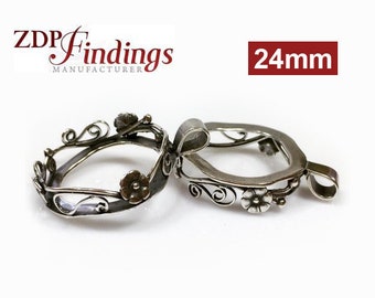 Antique (Oxidized) Sterling Silver 925 Round 24mm Flowers Leaves Bezel Cup Setting (8428)
