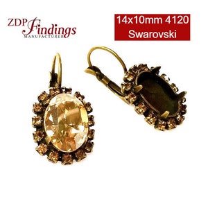 Oval 14x10mm Bezel Earrings For Setting Antique Brass w/ Topaz Rhinestones. Fit Swarovski 4120 (LBOV14BTPABR)