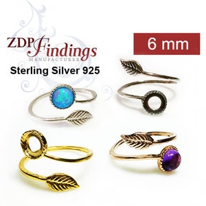 2pcs x Sterling Silver 925 ,Leaf Ring with 6mm Bezel Settings, Adjustable Ring. Choose your Finish (9731SV) Silver Ring bezel