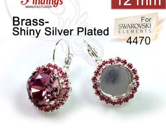 2pcs x Square 12mm Bezel Earrings Setting Silver Plated with Rose Rhinestones Fit Swarovski 4470 Crystal (LBSQ12ROSP)
