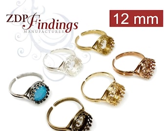 May include: Five adjustable ring blanks with a 12 mm bezel setting. The bezels have a crown design and are available in silver, gold, bronze, and copper.