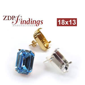May include: Three earring settings, one with a blue gemstone, one gold, and one silver. The settings are rectangular and measure 18x13 mm. The text "ZDP Findings Manufacturer" and "18x13" are visible in the image.