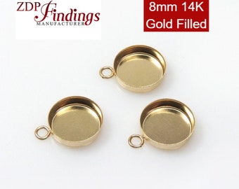 4pcs x  Round 8mm Bezel Cup Tray With Loop, Pendant 14k Gold Filled (RD81GF) by ZDP Findings MANUFACTURER