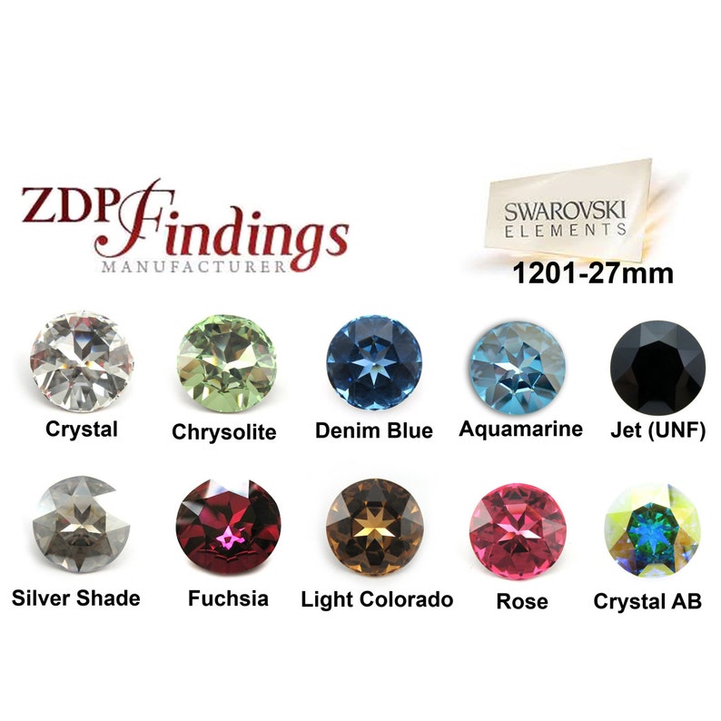 May include: A collection of Swarovski Elements crystals in various colors, including crystal, denim blue, and rose. The image displays the crystals with their names, such as "Crystal AB" and "Jet (UNF)". The text "ZDP Findings" and "1201-27mm" are also visible.