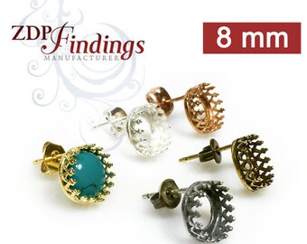 6pcs x 8mm Quality Cast Crown Bezel Post Earring Settings, Choose your Finish (956328V) by ZDP Findings MANUFACTURER