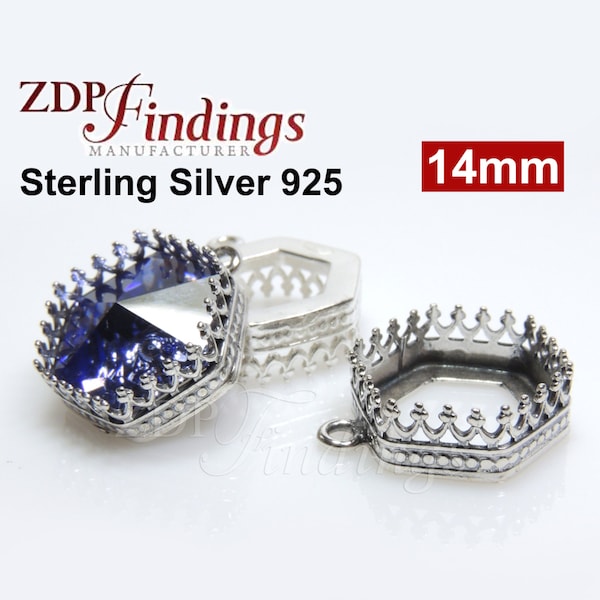 2pcs x 14mm Hexagon Cast Crown Bezel Sterling Silver 925 Tray Setting Pendant fit Swarovski 4681 Crystal, Choose your Finish (L2HX4681PSV)