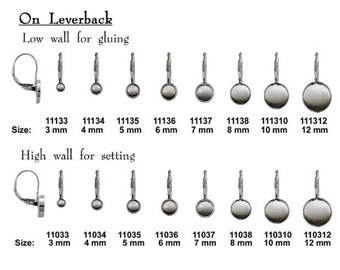 4pcs x Sterling Silver 925 Round Bezel Earrings On Lever back for Gluing or Setting, Choose your Size (1110VV)