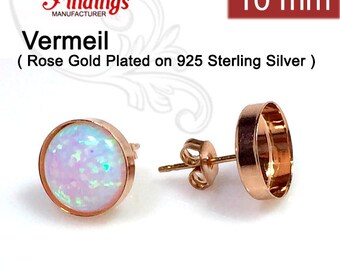 6pcs x Round 10mm Bezel Earring Cups Rose Gold Plated on 925 Sterling Silver (61010SHRP)