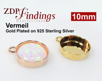 ZDP Findings MANUFACTURER - 6pcs x Round 10mm Gold Vermeil on Sterling Silver 925 Bezel Cups with Loops, Choose Your Finish (RD101SHV)