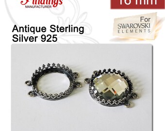 ZDP Zubehör HERSTELLER - 2 Stück x Runde 16mm Qualität Guss Bezel Cups. Verbinder zum Fassen, Antique Sterling Silber 925 (8699)