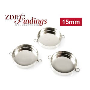 10pcs x Round 15mm Connector Bezel Cups Setting, With 2 Loops. Sterling Silver 925 (RD154) by ZDP Findings MANUFACTURER