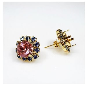 Base redonda de brincos com moldura 39ss para Swarovski ss39, pino banhado a ouro brilhante com strass água-marinha (PO39SSAQGP)