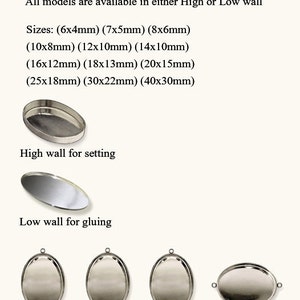 Puede incluir: Bezel ovalados para la fabricaci&oacute;n de joyas, disponibles en estilos de pared alta o baja. Los tama&ntilde;os var&iacute;an de 6x4 mm a 40x30 mm.