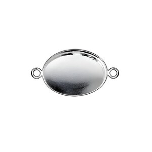 May include: Silver oval pendant with two loops for attaching a chain or cord. The pendant is smooth and shiny.