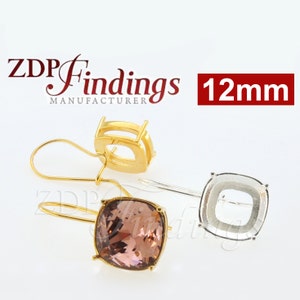 Square 12mm Bezel Kidney wire Earrings Settings fit Swarovski 4470 Crystal, Choose your Finish (KWN2V)
