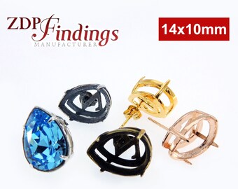 Può includere: Un assortimento di montature per orecchini a goccia in varie finiture metalliche, tra cui argento, oro e oro rosa. Una montatura contiene una gemma blu brillante. L'immagine include il testo "14x10mm" e il marchio "ZDP Findings Manufacturer."