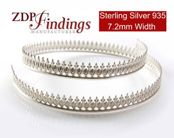 May include: Two silver, 7.2mm wide, decorative trim pieces with a scalloped edge. The trim has a repeating pattern of small, pointed leaves. The trim is made of sterling silver 935.