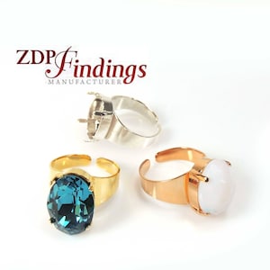 May include: Three adjustable ring settings with different coloured metal settings. The rings are designed to hold a large oval-shaped stone or cabochon. The rings are silver, gold, and rose gold.