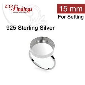 2pcs x Round 15mm Bezel Cup on Ring Sterling Silver 925, Select Your Ring Size (R15) Silver Ring bezel