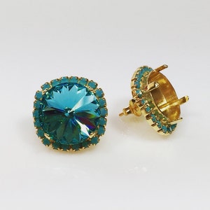 2pcs x Round 14mm Bezel Earrings For Setting GP w/ Turquoise Rhinestone. fits Swarovski Rivoli 1122 (PORD14TRSGP)