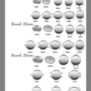 May include: Assortment of round metal bezels for jewelry making in sizes 20mm, 22mm, and 25mm. Each bezel has a different number of loops around the edge.