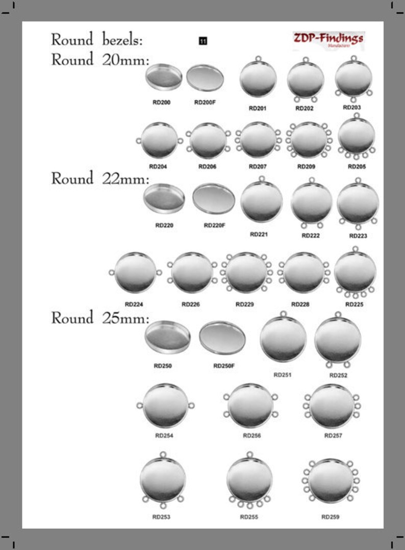 May include: Assortment of round metal bezels for jewelry making in sizes 20mm, 22mm, and 25mm. Each bezel has a different number of loops around the edge.