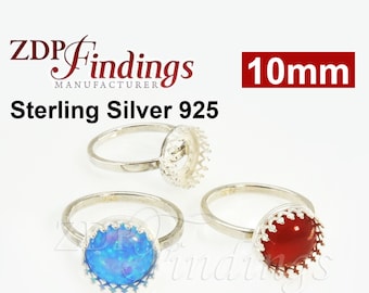 1pc Sterling Silver 925 Crown 10mm Cup on Solid Band Ring Base Blanks, Choose your Size (XR8091SH) Silver Ring bezel