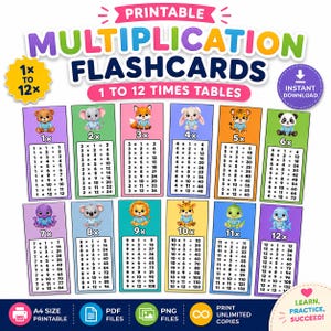 Utskrivbara multiplikationskort | Multiplikationstabeller 1–12 | Mattekort för barn | Direkt digital nedladdning