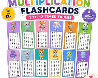 May include: A set of printable multiplication flashcards featuring 1 to 12 times tables. Each card displays a colourful cartoon animal and a complete multiplication chart. The design includes the text Printable Multiplication Flashcards 1 to 12 Times Tables, Instant Download, A4 Size Printable, PDF Files, PNG Files, and Print Unlimited Copies.