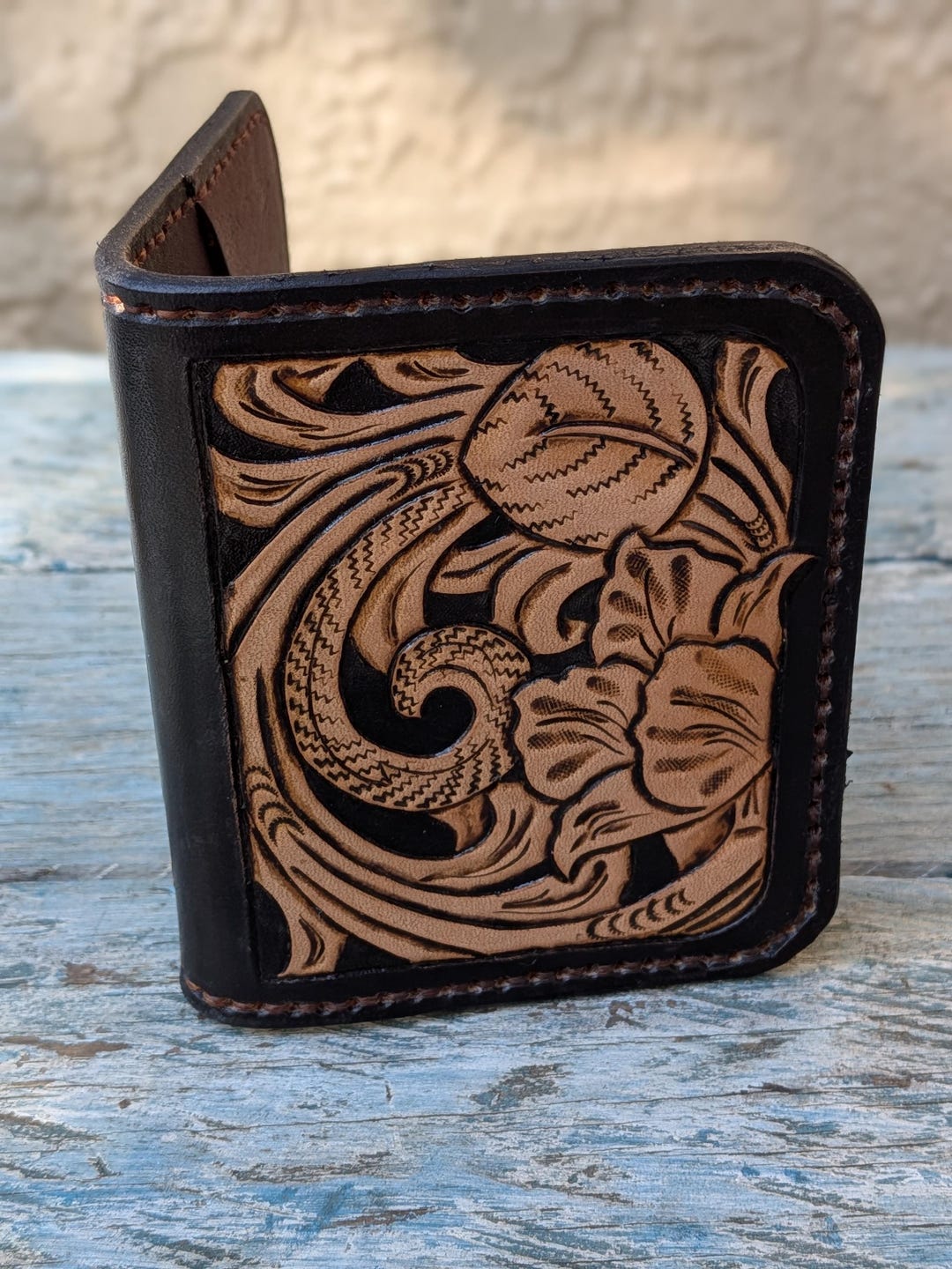 Hand Tooled Leather Compact Card Wallet - Etsy