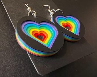 Rainbow Heart Earrings - layered 6-color rainbow pride heart dangle earrings