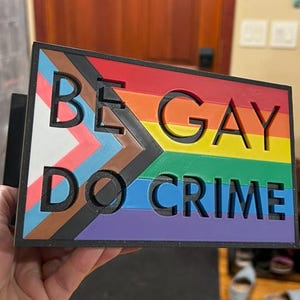 May include: A rectangular sign with the text "BE GAY DO CRIME" in black, cut-out letters. The sign features the Progress Pride flag design, with a rainbow and additional colors. The sign is held in a hand.