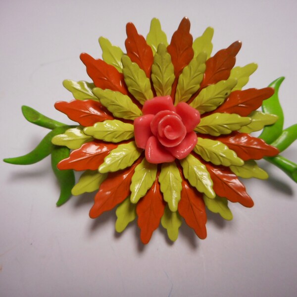 vintage enamel FLOWER BROOCH very coooooooooool lime green and orange with a orange flower  center WOW grooooovy beautiful