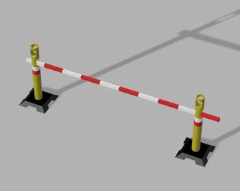 May include: A red and white striped barrier with yellow posts and black bases. The barrier is used to block off an area.