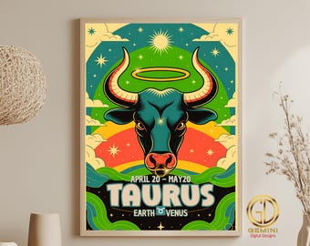Taurus Zodiac Digital Art - Mystical Celestial Bull | Astrology Print | Taurus Wall Decor | Taurus Gift | Instant Download Taurus Decor