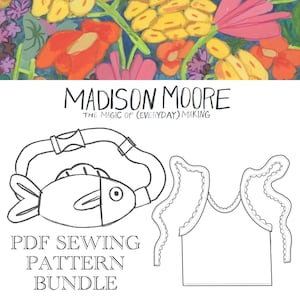 Może przedstawiać: Czarno-biały rysunek torby w kształcie ryby z paskiem i tank topu z falbanką. Tekst "PDF SEWING PATTERN BUNDLE" znajduje się pod rysunkami. Tekst "MADISON MOORE THE MAGIC OF (EVERYDAY) MAKING" znajduje się nad rysunkami.