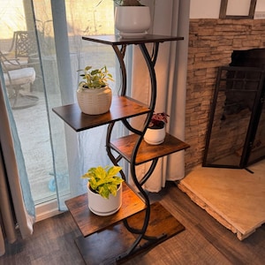 Puede incluir: Un estante para plantas de varios niveles con un acabado de madera marrón oscuro y un marco de metal negro. El estante contiene varias plantas en macetas con follaje verde. El estante está diseñado para exhibir plantas en interiores.
