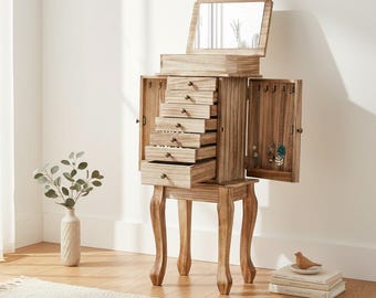 Wood Jewelry Armoire with Mirror | Standing Storage Cabinet, Vintage Style